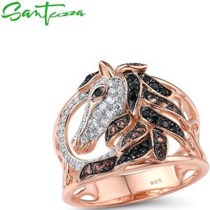 Santuzza Zilveren Ring Voor Vrouwen Pure 925 Sterling Zilver Rose Goud Kleur Zwart Bruin Paard Ringen Hollow Party Trendy Fijne sieraden