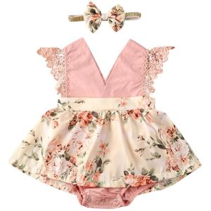 Zomer 0-24M Pasgeboren Baby Baby Meisjes Romper Jurk Bloemen Mouwloze Kant Roze V-hals Prinses Jumpsuits Hoofdband set