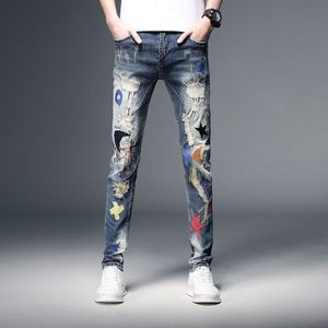 Streetwear Mannen Jeans Retro Blauw Vernietigd Elastische Ripped Jeans Mannen Skinny Fit Patches Hip Hop Jeans Strakke Broek