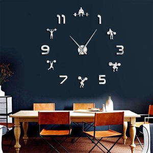 Gewichtheffen Fitness Diy Giant Klok Gym Muursticker Horloge 3D Luxe Wandklok Creatieve Muur Art Decor Voor Gym