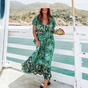 BOHO GEÏNSPIREERD maxi jurk Bos print gecanneleerd mouwen franje zomer jurk V-hals tied beach jurk voor vrouwen chic gypsy boho jurk