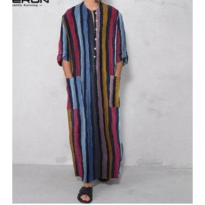 Men's Henley V-Neck Long Sleeve Muslim Shirts Stitching Cotton Robe Stand Collar Zipper Side Split Pocket Muslim Gown Thobe