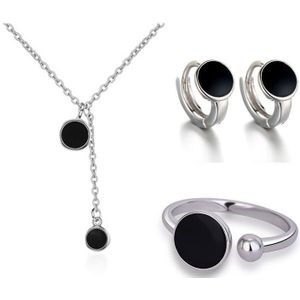 Anenjery Zilveren Kleur Eenvoudige Epoxy Zwarte Ronde Wafer Ketting + Oorbellen + Ring Voor Vrouwen Sieraden Sets Koreaanse Sieraden