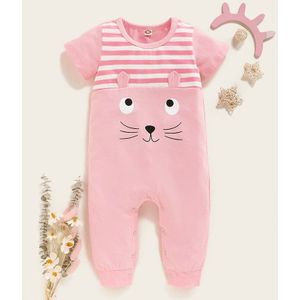 Baby Meisje Kleding 0-24 Maanden Korte Mouw Romper Voor Pasgeborenen Effen Roze Streep Cartoon Animal Print Jumpsuit Klaring outfits