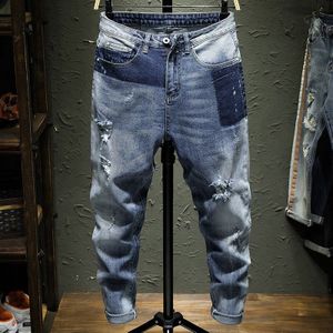 Klassieke Mannen Skinny Stretch Denim Jeans Broek Gewassen Lichtblauw Met Ripped Gaten Patch Broek Slanke Joggers Jeans Homme