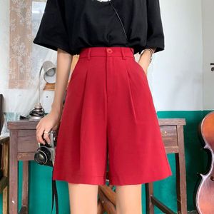Rode Shorts Vrouwen Losse Hoge Taille Wijde Pijpen Solid Harajuku Plus Size Straight Zomer Koreaanse Black Shorts Elastische Taille