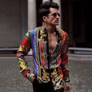 Heren Baggy Vintage Print Lange Mouw Knop Turn-Down Kraag Shirts Man Tops Kleding Zomer Mode blouse Roupas