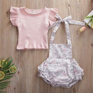 Baby Zomer Kleding Set Pasgeboren Baby Meisjes Katoenen Kant Bodysuits Verstoorde Bloemen Tops + Overalls 2 Stuks Kleding pak