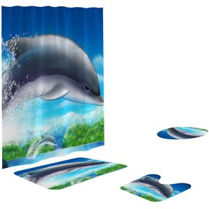 Ouneed Blauwe oceaan wereld Douche Gordijnen set 4 STUKS @ Non Slip Leuke dolfijn Wc Polyester Cover Mat Set Badkamer douchegordijnen