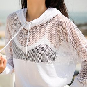 Vrouwen Lange Mouw Yoga Hollow Capuchon Losse Tops Casual Sport Patchwork Truien Mesh Netto Hoodies Yoga Shirts Kleding