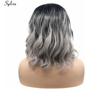 Sylvia 14inch Water Wave Ombre Grey Lace Front Pruik Korte Pruik Bob Hittebestendige Synthetische Grijs Pruik voor Vrouwen meisje Cosplay Party