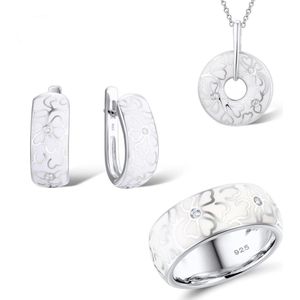 Uniek Vintage Gladde Witte Keramische Emaille Zilveren Sieraden Sets Voor Vrouwen Delicate Bloem Patroon Bruiloft Sieraden Set