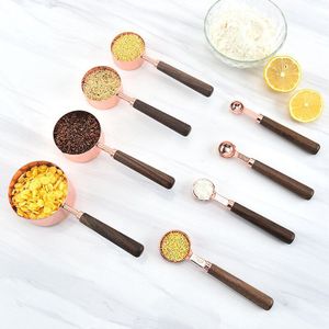 8 Stks/set Bakken Rvs Maatlepel Maatbeker Bakken Gereedschappen Walnoot Rose Gold Maatlepel