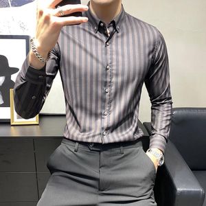 Britse Stijl Koreaanse Slim Fit Lange Mouw Heren Gestreepte Shirts Tuxedo Voor Mannen Kleding Eenvoudige Casual Zaken Blouses