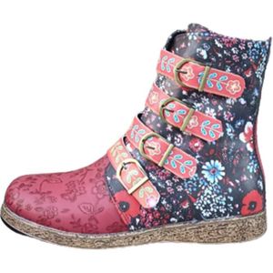 MCCKLE Vrouwen Vintage Gedrukt Gesp Enkellaarsjes PU Leer Dames Rits Retro Vrouw Boot Gesp Vrouwelijke Schoenen Plus Size Mode