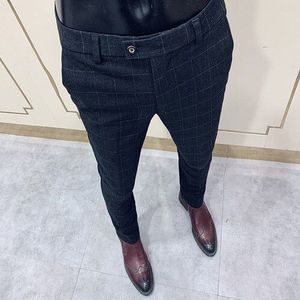 Klassieke Plaid Mannen Pak Broek Wollen Slanke Jurk Broek Mode Kantoor Sociale Bruiloft Broek Pantalon Homme Classique