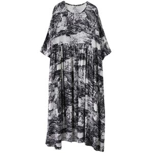 Dimanaf Plus Size Maxi Jurk Zomer Vrouwen Kleding Vintage Katoen Afdrukken Zwart Lady Vestidos Zonnejurk Losse Casual 5XL