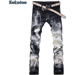 Sokotoo mannen mode bloem broek Beauty gedrukt jeans print patroon slim denim broek