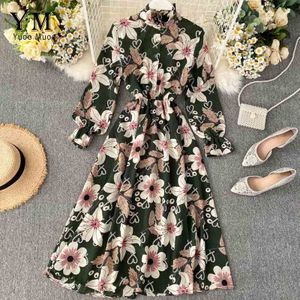 YuooMuoo Lange Jurk Lente Herfst Vintage Vrouwen Bloem Beach Bohemian Maxi Jurk Casual Lange Mouwen Chiffon Jurk vestidos