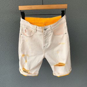 Mode Mannen Kleur Kaki Oranje Stretch Denim Shorts Zomer Dunne Ripped Biker Jeans Korte Mannelijke Kleding