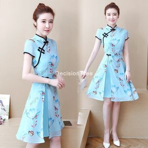 2022 Chinese Jurk Traditionele Gedrukt Jurk Qipao Dames Avondjurken Vintage Cheongsam Vrouwen Bruid Chiffon Cheongsam Jurk