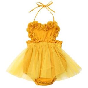 Pasgeboren Katoen Linnen Geel Romper Jurk Kid Baby Meisje Backless Romper Party Kant Tutu Jurk Zomer Baby Kleden 0- 18 M