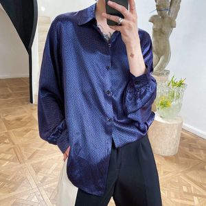 Spring And Autumn Youth Popular Men's Satin Loose Long-sleeved Shirt Casual Polka Dot Shirt Dark Blue M-XL