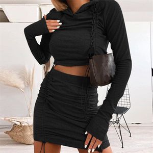 Trend 2 Stuks Pak Set Vrouwen Effen Kleur Lange Mouwen Hooded Crop Top Korte Rok Koord Herfst outfits