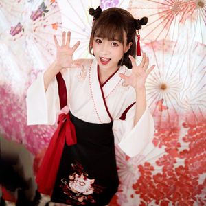 Japanse Jurk Kimono Vrouw Zwart Wit Kat Borduurwerk Rokken Vintage Aziatische Kleding Yukata Haori Cosplay Party 2 Stuks Sets