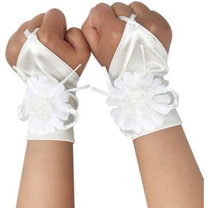 Meisjes Witte Vingerloze Satijnen Parel Geaccentueerd Communie Bloemenmeisje Handschoenen Heilige Communie Avond Kostuum Party Speciale Gelegenheid