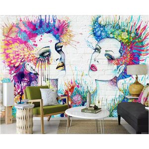 Beibehang Aquarel Graffiti Sexy kleurrijke schoonheid Bakstenen muur achtergrond muurschildering KTV Bar barbershop achtergrond custom 3d behang