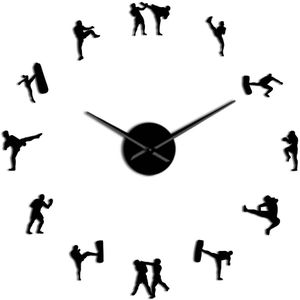 Koreaanse Martial Art Taekwondo Cijfers Diy Giant Wandklok Kickboksen Karate Jongens Muurstickers Decoratieve Grote Wandklok Horloge