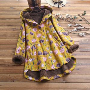 Winter Vrouwen Warm Faux Fur Hooded Parka Jas Casual Bloemenprint Zakken Vintage Lange Windjack Uitloper Plus Size #3