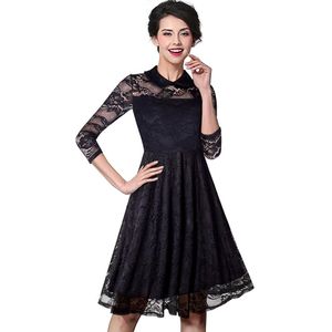 Nice-Forever Herfst Retro Hollow Out Black Lace Jurken Cocktail Party Vrouwen Celebrity Uitlopende Jurk A030