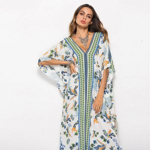 Gedrukt Bohemian Vrouwen Maxi Jurk Batwing Mouw Beach Wear Mode Moslim Abaya Dubai Arabisch Marokkaanse Gewaad VKDR1767