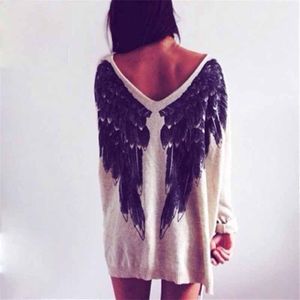 T-shirt Vrouwen Angel Wings Print Lange Mouwen T-shirt Voor-en Achterkant Dragen Door Lange Mouwen T-shirt Vrouwen losse T-shirt