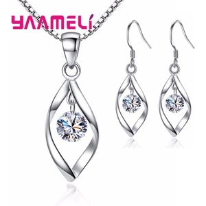 Glanzende Steentjes Ketting Oorbellen Vrouwen 925 Sterling Zilveren Sieraden Set Elegante Luxe Bruiloft Sieraden