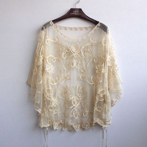 Zomer Toevallige Losse Oversized Dunne Mesh Borduren Bloemen Batwing Mantel Cape See-Through Kant Poncho Jas Feminino