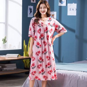 Vrouwen Zomer Katoenen Nachthemden Korte Mouwen Koreaanse Losse Grote Werven 3XL V-hals Kant Nachthemd Vrouwelijke Bloem Print Night Dress