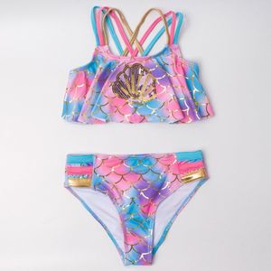 Mermaid Weegschalen Meisje Badpak Pailletten Tweedelige Kinderen Badmode 2-8 Jaar Meisjes Bikini Set Cross Back Badpak pak Beachwear