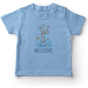 Angemiel Baby Welkom Geschreven Giraffe Jongens Baby T-shirt Blauw