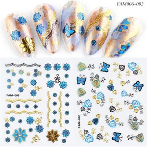 5D Nail Stickers Mixed Blauw Goud Vlinder Bloem Patronen Lijm Transfer Decals Nail Art Diy Decoratie BEFAM001-015