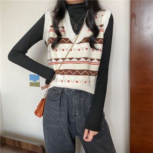 Vrouwen Trui Vest Argyle Retro V-hals Mouwloze Gebreide Truien Vrouwelijke Alle-Wedstrijd Losse Basic Dagelijks Koreaanse Stijl Streetwear