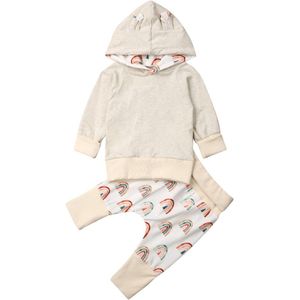 Pasgeboren Baby Kleding Baby Boy Girl Hooded Tops Rainbow Lange Broek Outfit Set Herfst Kleren