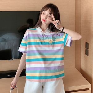 Cartoon Polo Vrouwen Shirt Regenboog Strepen Losse Revers Roze Tops Vrouwelijke Casual Korte Mouw Blauw Shirts Zomer Polo Shirt Vrouw