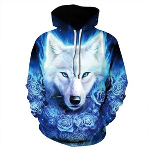 Vrouwen/mannen Athleisure Trui Losse Sport Hooded Hoodies Blauw Rose Wolf 3D Print Sweatshirt S-XXXL Hoody Herfst Winter trui