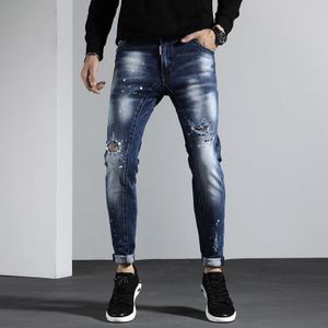 Heren Jeans Ripped Jeans Voor Mannen Gescheurde Geschilderd Skinny Stretch Slanke Broek Lange Broek Borduren Hip Hop Herfst Lente blauw