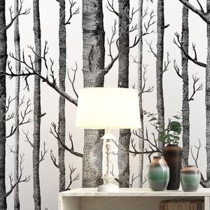 Zwart Wit Berk Behang Voor Slaapkamer Modern Woonkamer Wall Paper Roll Rustieke Bos Woods Wallpapers