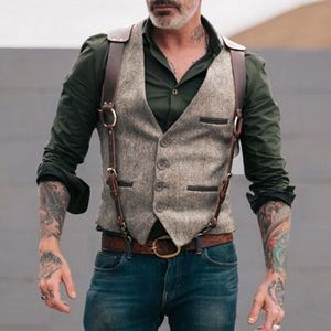 Wol Tweed Mannen Pak Vesten Victoriaanse Steampunk Cosplay Heren Vest Met Lederen Gentleman Groomman Bruiloft Slim Fit Mannen Gilet