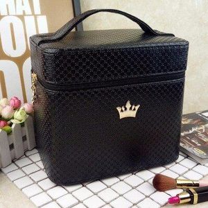 Crown Koffer Make-Up Professionele Reizen Organizer Beauty Cosmetische Geval Grote Lederen Make-Up Tas Met Spiegel Vrouwelijke